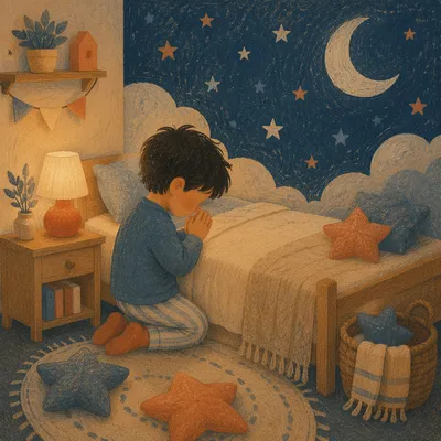 Child Praying Beside Bed at Night