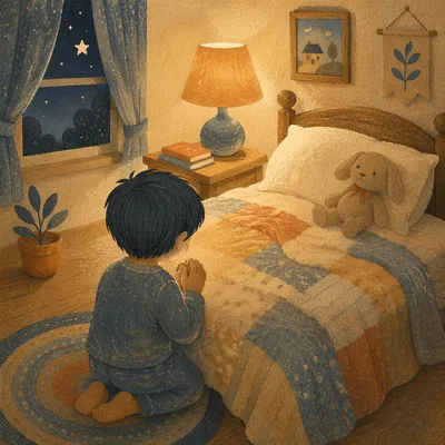 Child Praying at Bedtime in Warm Light
