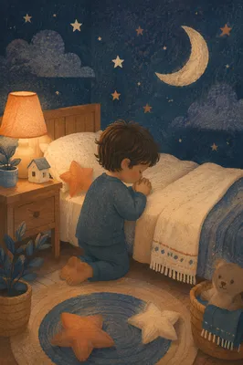 Child Praying Beside Bed at Night