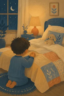 Child Praying by Bed in Warm Light