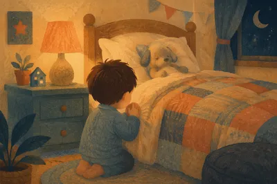 Child Praying at Bedtime in Warm Light