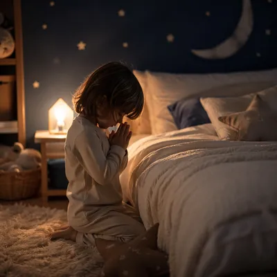 Child Praying at Bedtime in Nursery