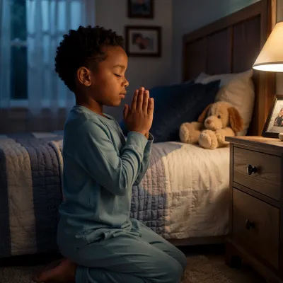 Young Child Praying Beside Bed