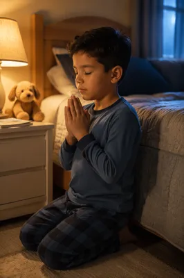 Young Boy Praying Beside Bed