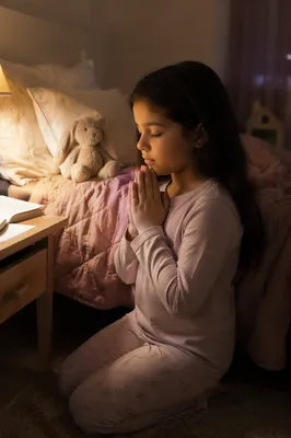 Young Girl Praying Beside Bed at Night