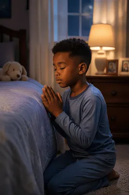 Child Praying Beside Bed at Night