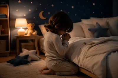 Child Praying at Bedtime in Nursery