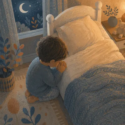 Child Praying Beside Bed at Night