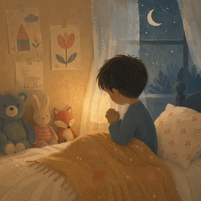Child Praying by Bedside Nightlight