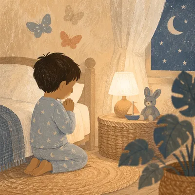 Child Praying Beside Bed at Night
