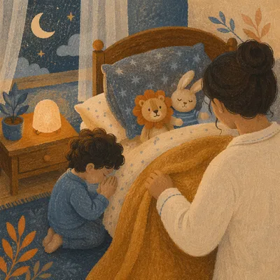 Child Praying Beside Bed at Night