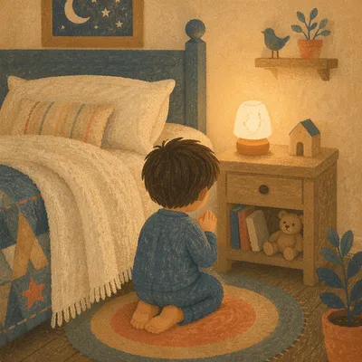 Child Praying Beside Bed at Night
