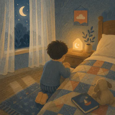 Child Praying by Bedside Nightlight