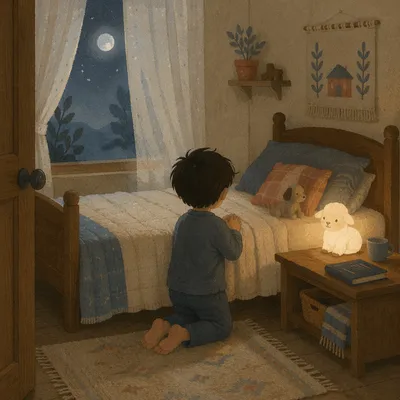 Child Praying Beside Bed with Nightlight