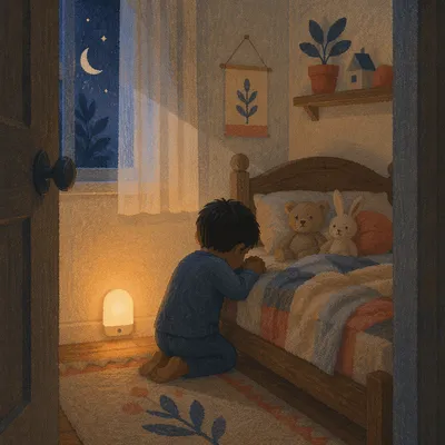 Child Praying Beside Bed at Night