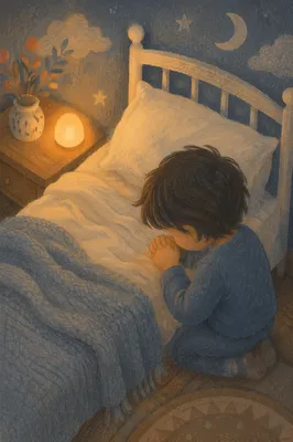 Child Praying Beside Bed at Night