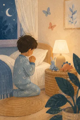 Child Praying Beside Bedtime Nightlight