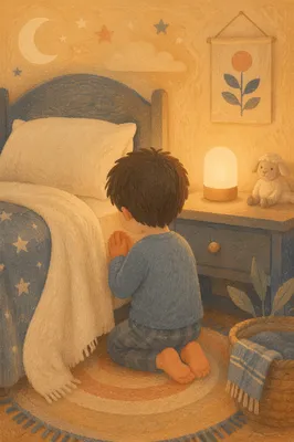 Child Praying Beside Bed at Night