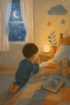 Child Praying Beside Bed at Night