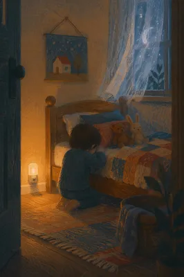 Child Praying Beside Bed at Night