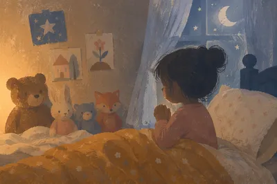 Child Praying by Bed in Warm Nightlight