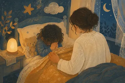 Child Praying at Bedside with Nightlight