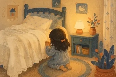 Child Praying Beside Bed at Night