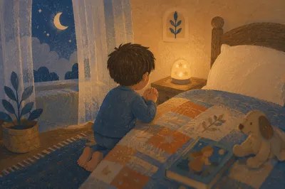 Child Praying Beside Bed at Night