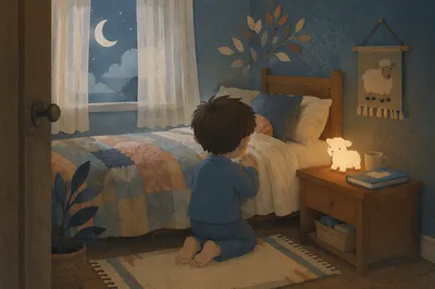 Child Praying Beside Bed with Nightlight
