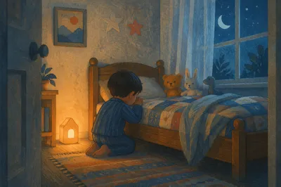 Child Praying Beside Bed with Nightlight