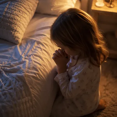 Child Praying Beside Bed at Night