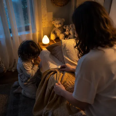 Child Praying Beside Bed at Night