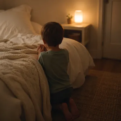 Child Praying Beside Bed at Night