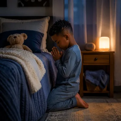 Child Praying Beside Bed at Night