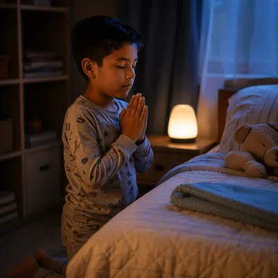 Young Boy Praying Beside Bed