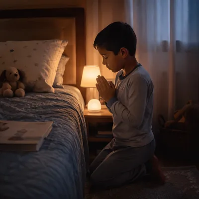 Young Boy Praying Beside Bed at Night