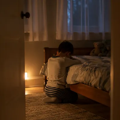 Child Praying Beside Bed with Nightlight