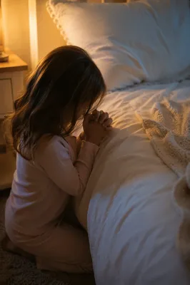 Child Praying Beside Bed in Warm Nightlight