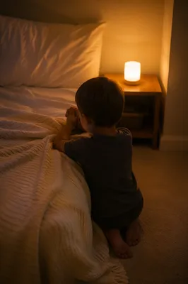 Child Praying Beside Bed at Night