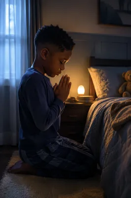 Young Child Praying Beside Bed