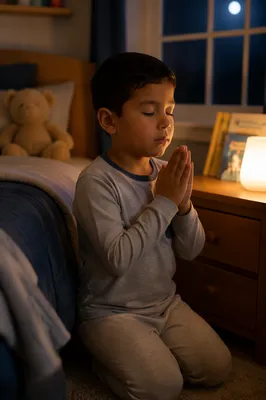 Young Boy Praying Beside Bed