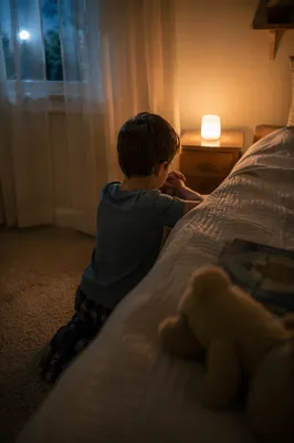 Child Praying Beside Bed at Night