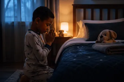 Child Praying Beside Bed at Night