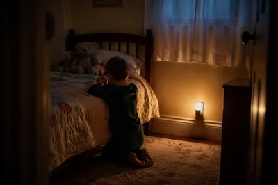 Child Praying Beside Bed at Night