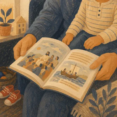 Child Reading Picture Bible on Parent's Lap
