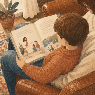 Child Reading Picture Bible on Parent's Lap