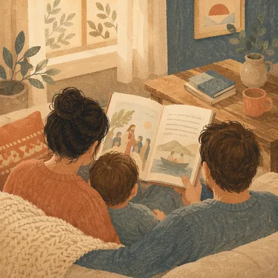 Child Reading Picture Bible with Parents