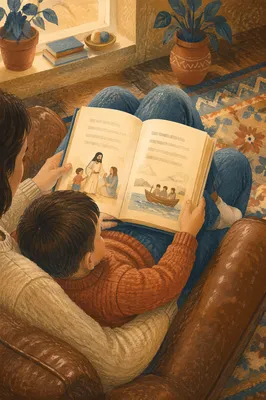 Child Reading Picture Bible on Parent’s Lap