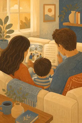 Child Reading Picture Bible on Parents Lap