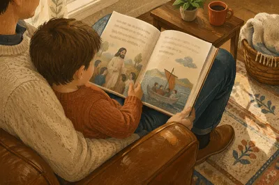 Child Reading Picture Bible on Parent's Lap